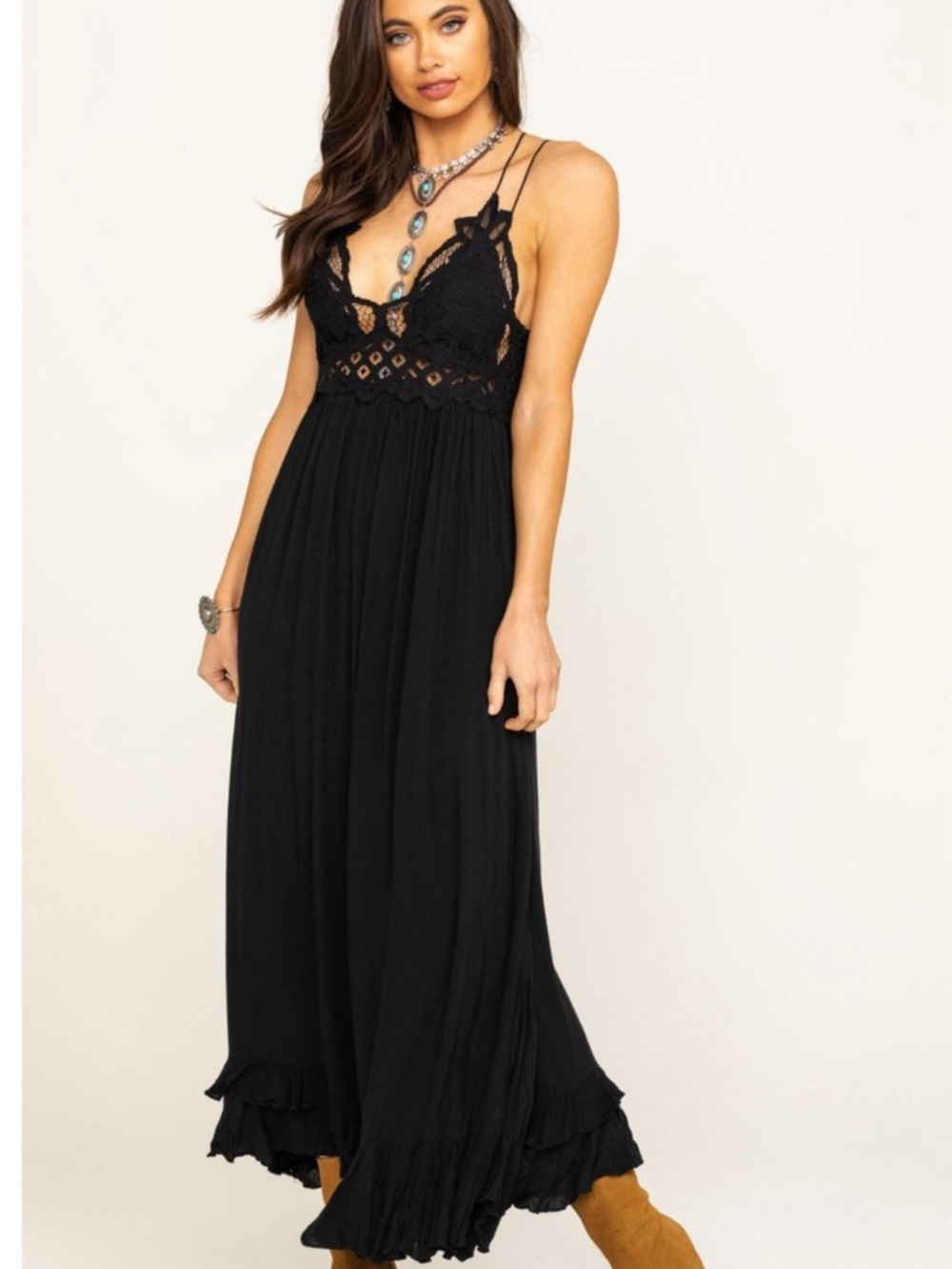Free People Black Lace-Trim Maxi Dress